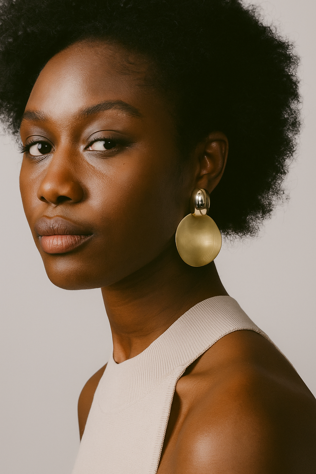 Black Woman wearing large gold earrings against a neutral background